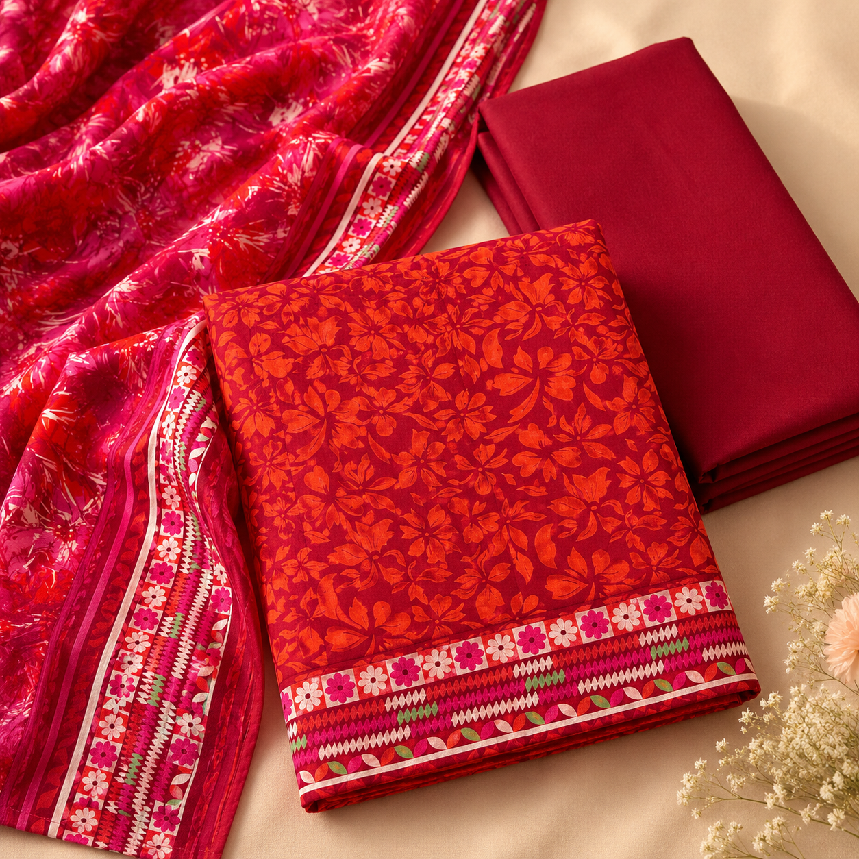 Crimson Bloom Printed 3-Piece Unstitched Suit