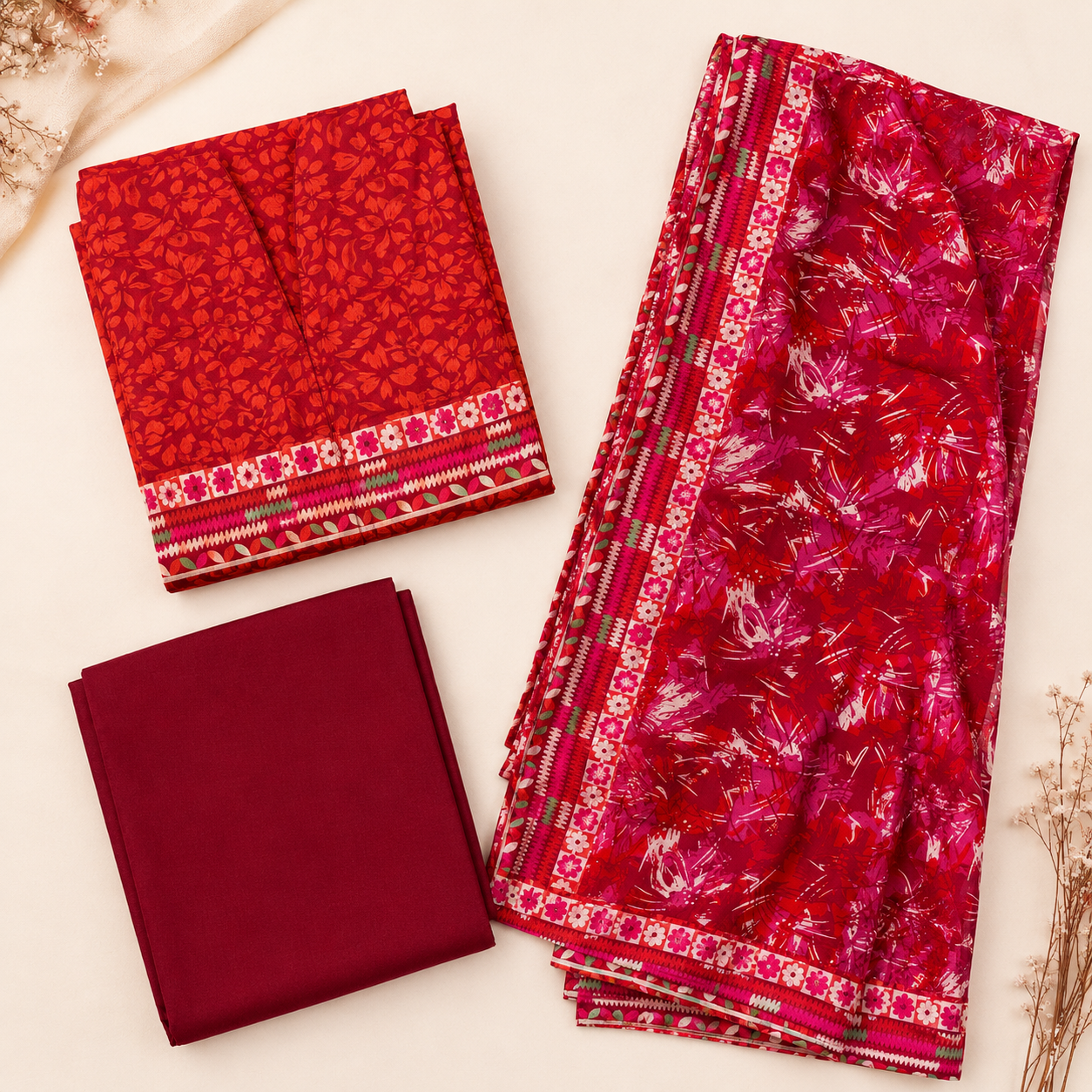Crimson Bloom Printed 3-Piece Unstitched Suit
