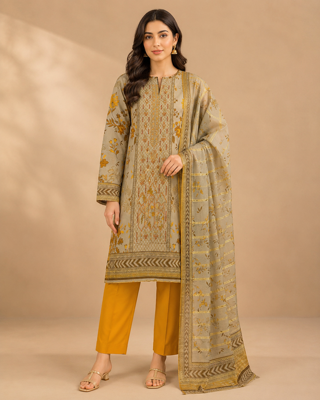 Golden Sand Printed 3-Piece Unstitched Suit
