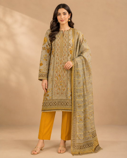 Golden Sand Printed 3-Piece Unstitched Suit