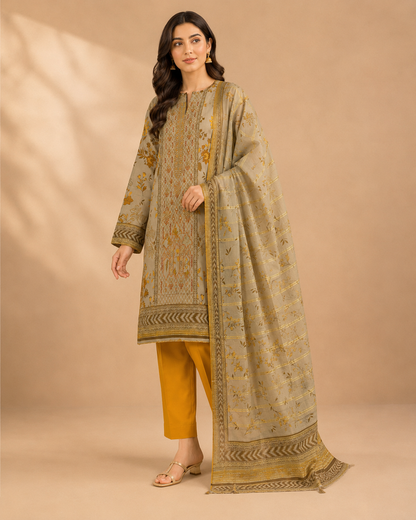 Golden Sand Printed 3-Piece Unstitched Suit
