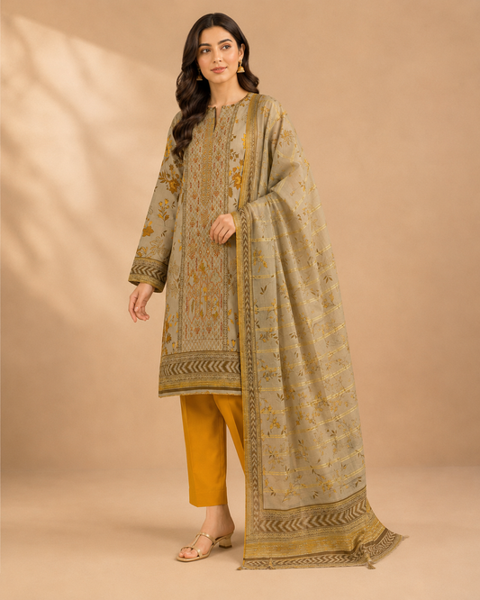 Golden Sand Printed 3-Piece Unstitched Suit