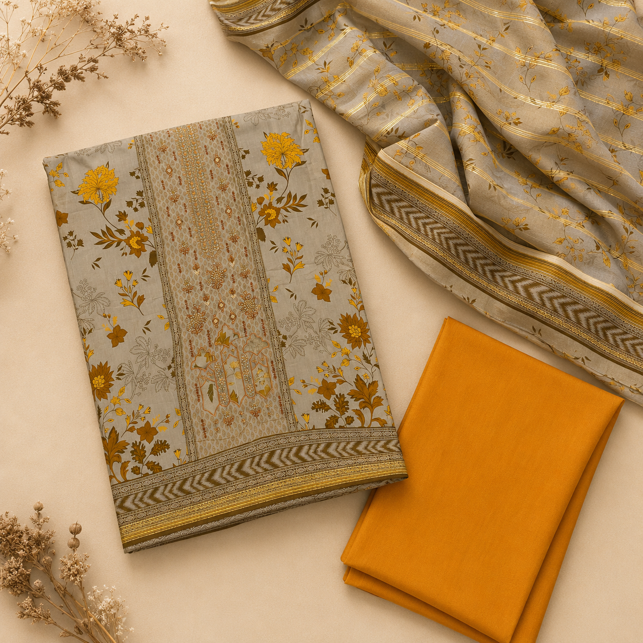 Golden Sand Printed 3-Piece Unstitched Suit