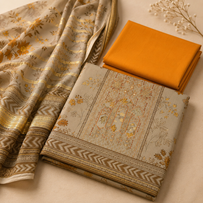 Golden Sand Printed 3-Piece Unstitched Suit