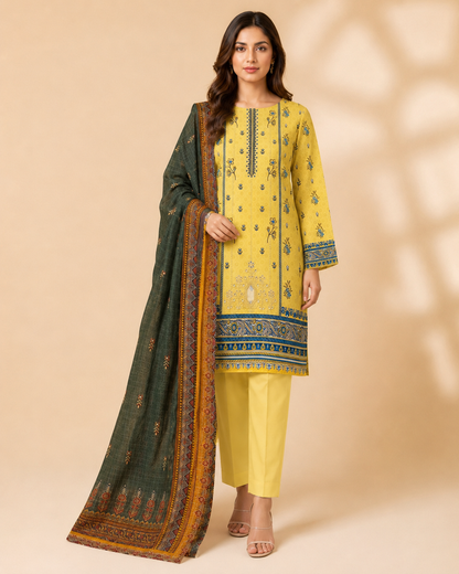 Sunlit Meadow – Yellow 3 Piece Unstitched Printed Suit