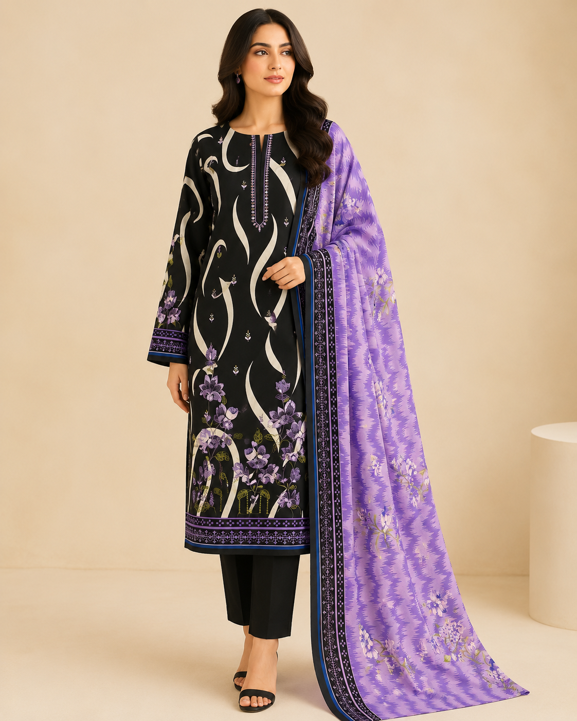 Noir Lavender Floral 3-Piece Unstitched Suit