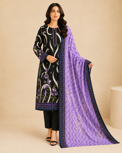 Noir Lavender Floral 3-Piece Unstitched Suit
