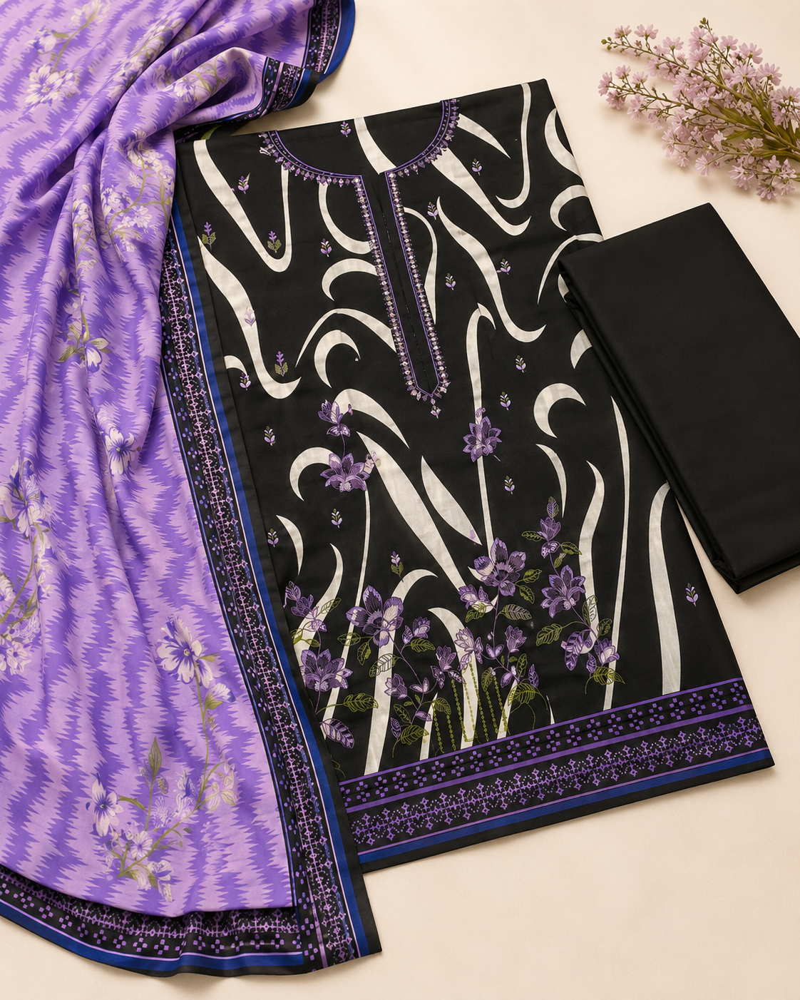 Noir Lavender Floral 3-Piece Unstitched Suit