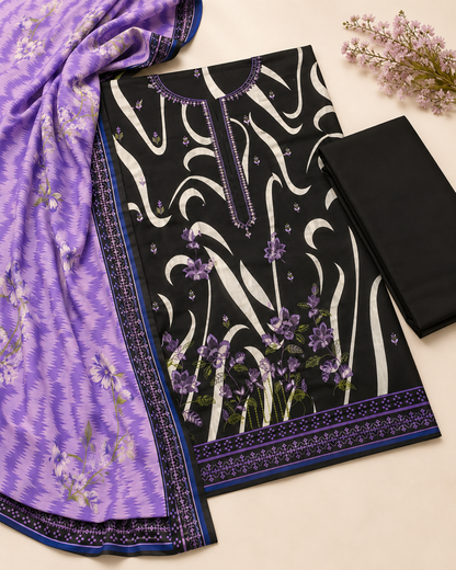 Noir Lavender Floral 3-Piece Unstitched Suit