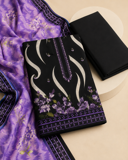 Noir Lavender Floral 3-Piece Unstitched Suit