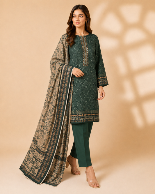 Emerald Green Printed 3-Piece Unstitched Ladies Suit with Printed Dupatta
