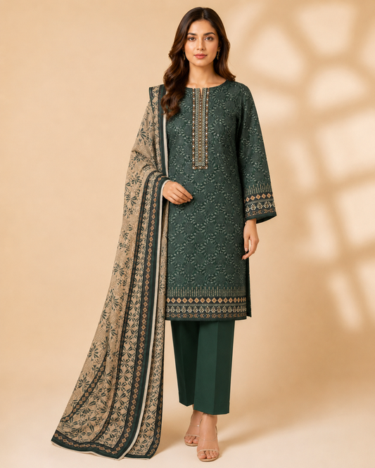 Emerald Green Printed 3-Piece Unstitched Ladies Suit with Printed Dupatta