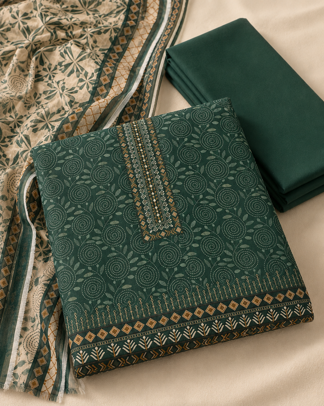 Emerald Green Printed 3-Piece Unstitched Ladies Suit with Printed Dupatta