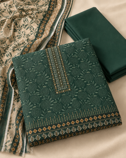 Emerald Green Printed 3-Piece Unstitched Ladies Suit with Printed Dupatta