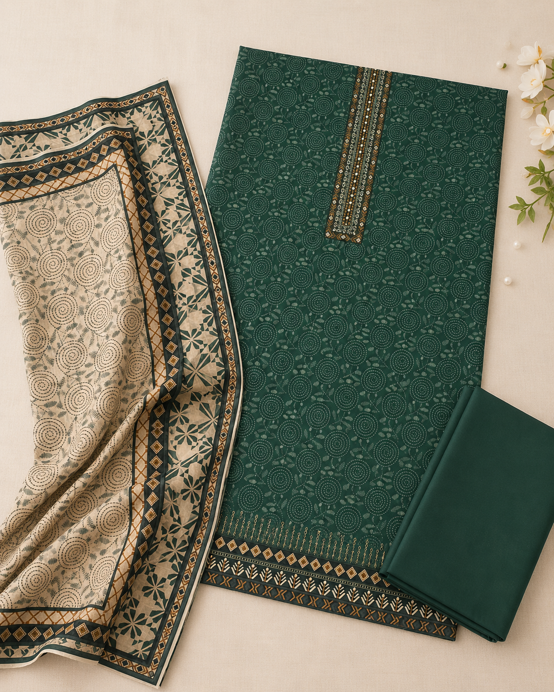 Emerald Green Printed 3-Piece Unstitched Ladies Suit with Printed Dupatta