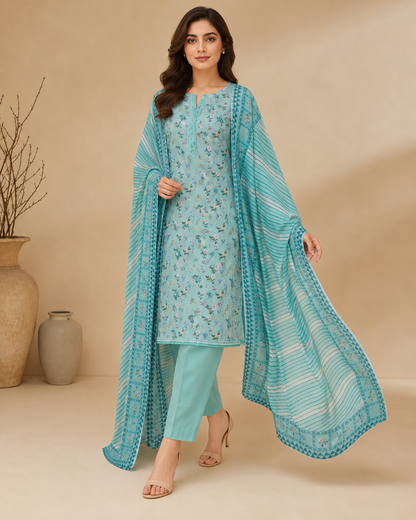 Aqua Bloom Printed 3-Piece Unstitched Ladies Suit