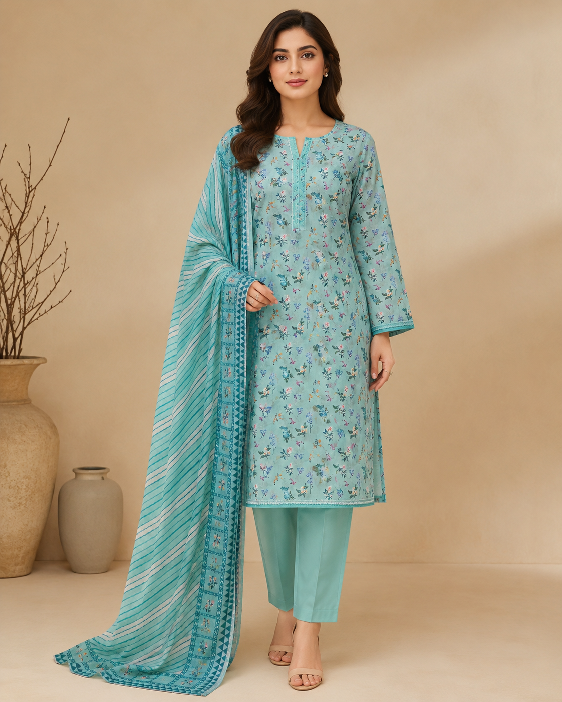 Aqua Bloom Printed 3-Piece Unstitched Ladies Suit