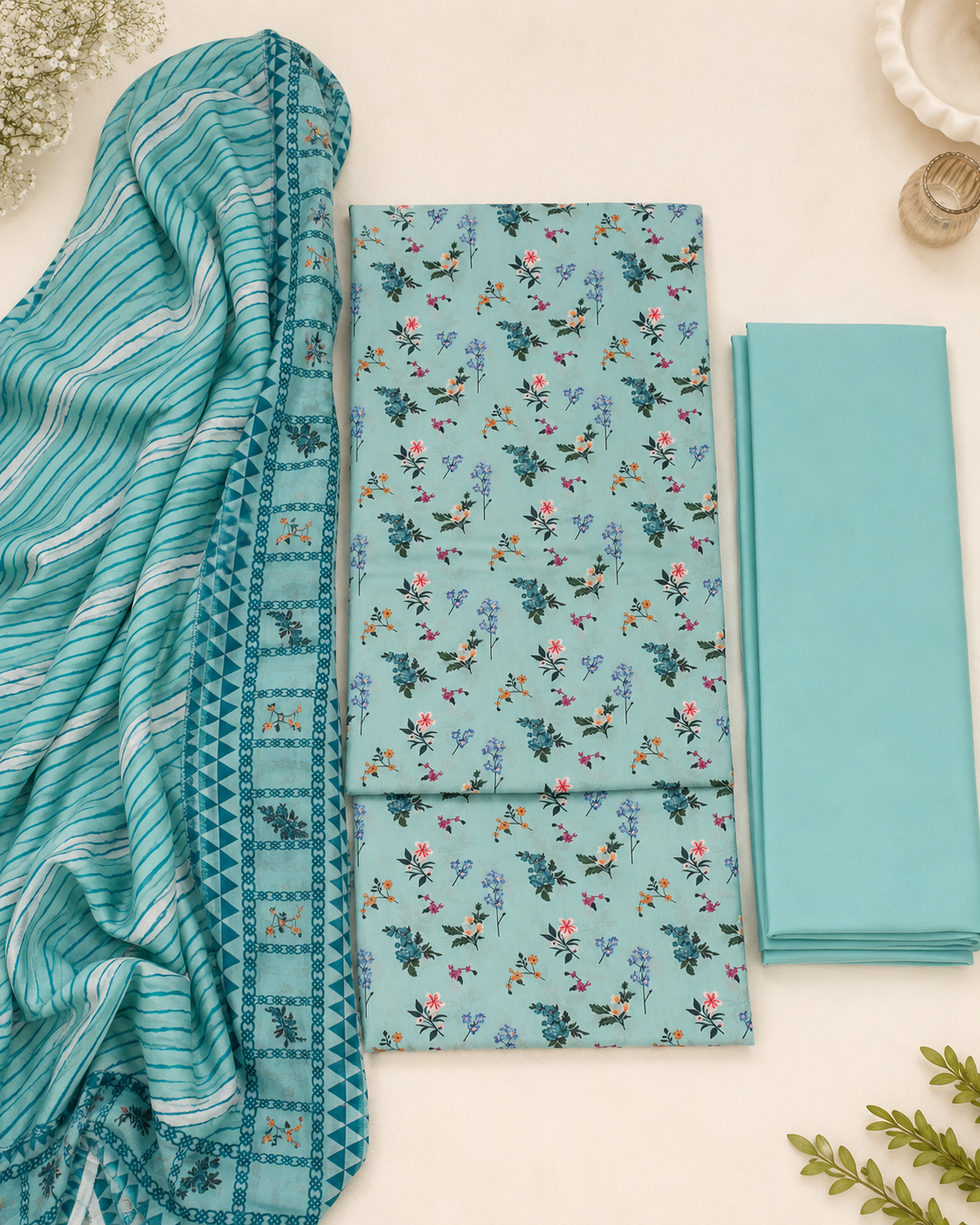 Aqua Bloom Printed 3-Piece Unstitched Ladies Suit