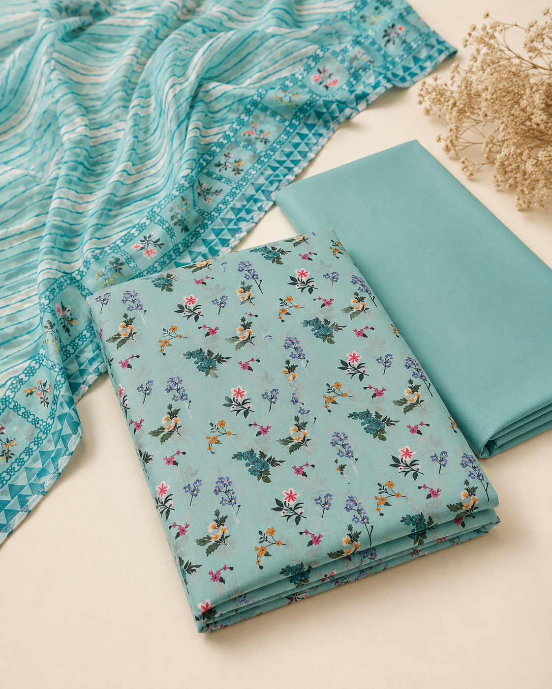 Aqua Bloom Printed 3-Piece Unstitched Ladies Suit