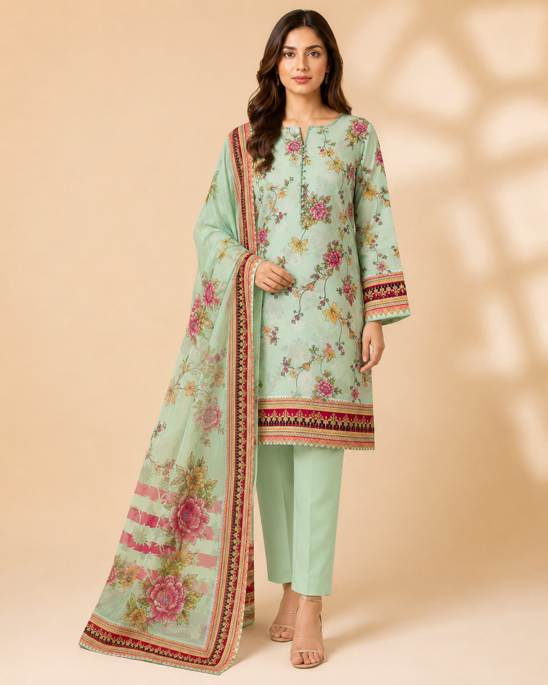 Mint Blossom 3-Piece Unstitched Printed Suit