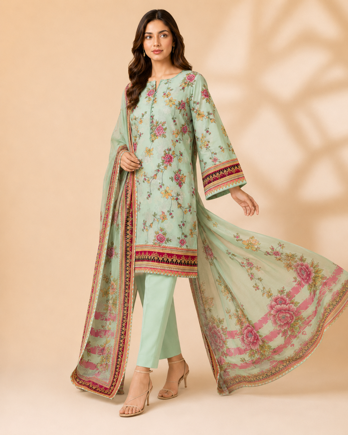 Mint Blossom 3-Piece Unstitched Printed Suit