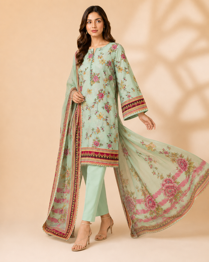 Mint Blossom 3-Piece Unstitched Printed Suit