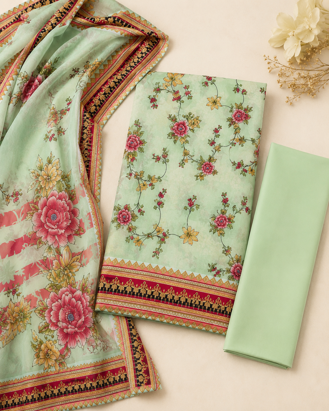 Mint Blossom 3-Piece Unstitched Printed Suit