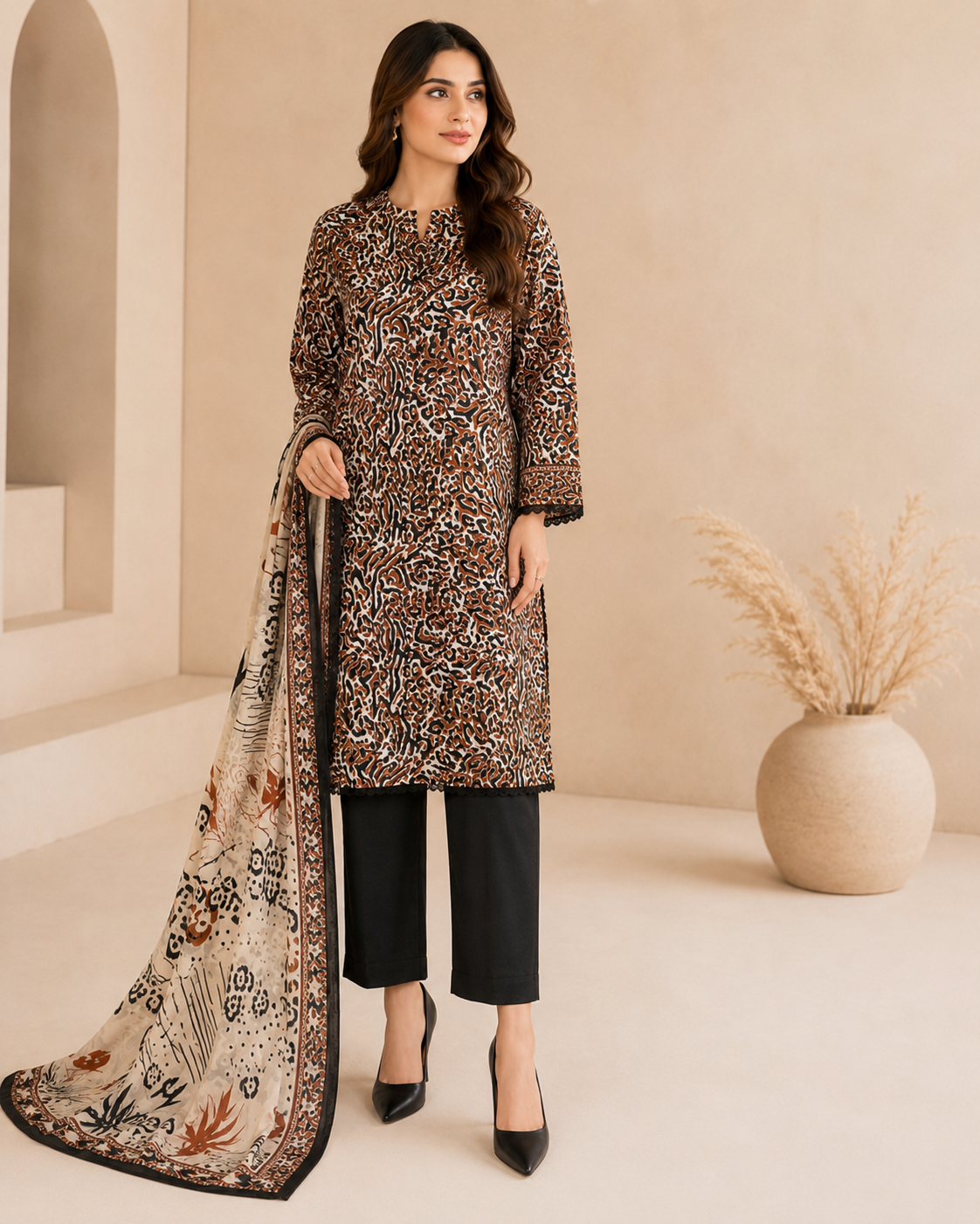 Rustic Animal Print Unstitched 3 Piece Suit with Printed Dupatta