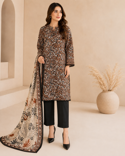 Rustic Animal Print Unstitched 3 Piece Suit with Printed Dupatta