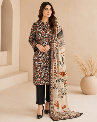 Rustic Animal Print Unstitched 3 Piece Suit with Printed Dupatta