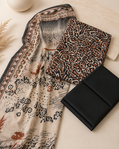Rustic Animal Print Unstitched 3 Piece Suit with Printed Dupatta