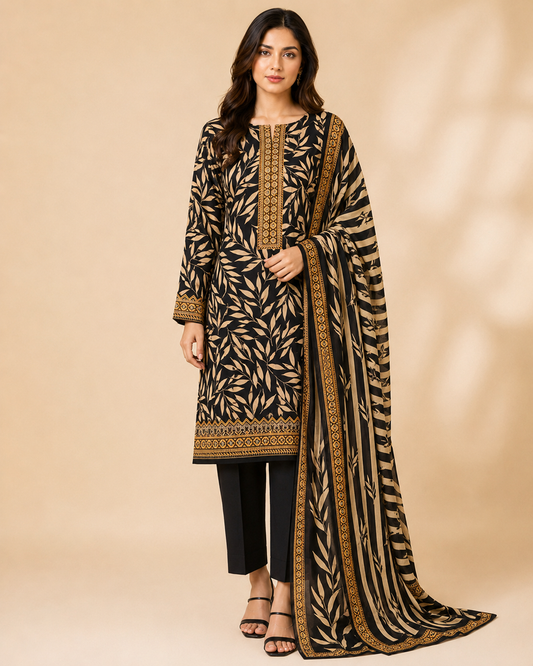 Black & Beige Botanical Printed Unstitched 3 Piece Suit