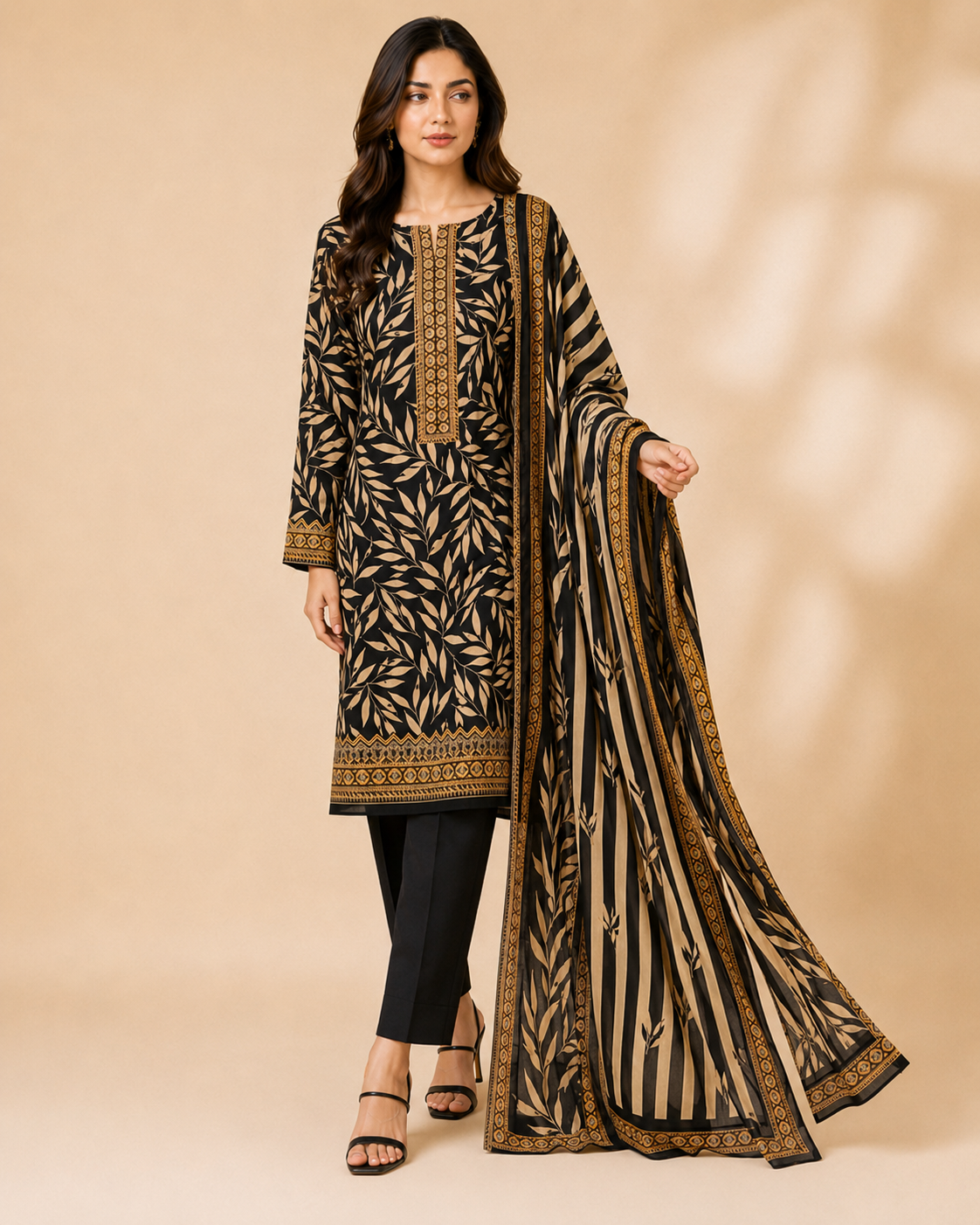 Black & Beige Botanical Printed Unstitched 3 Piece Suit