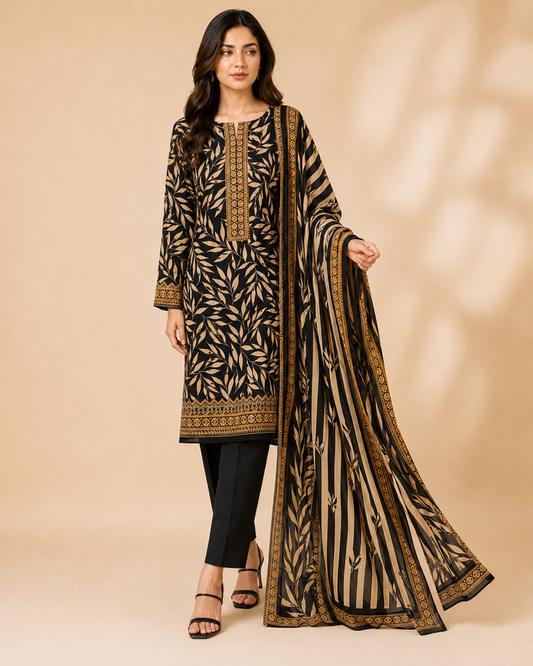 Black & Beige Botanical Printed Unstitched 3 Piece Suit