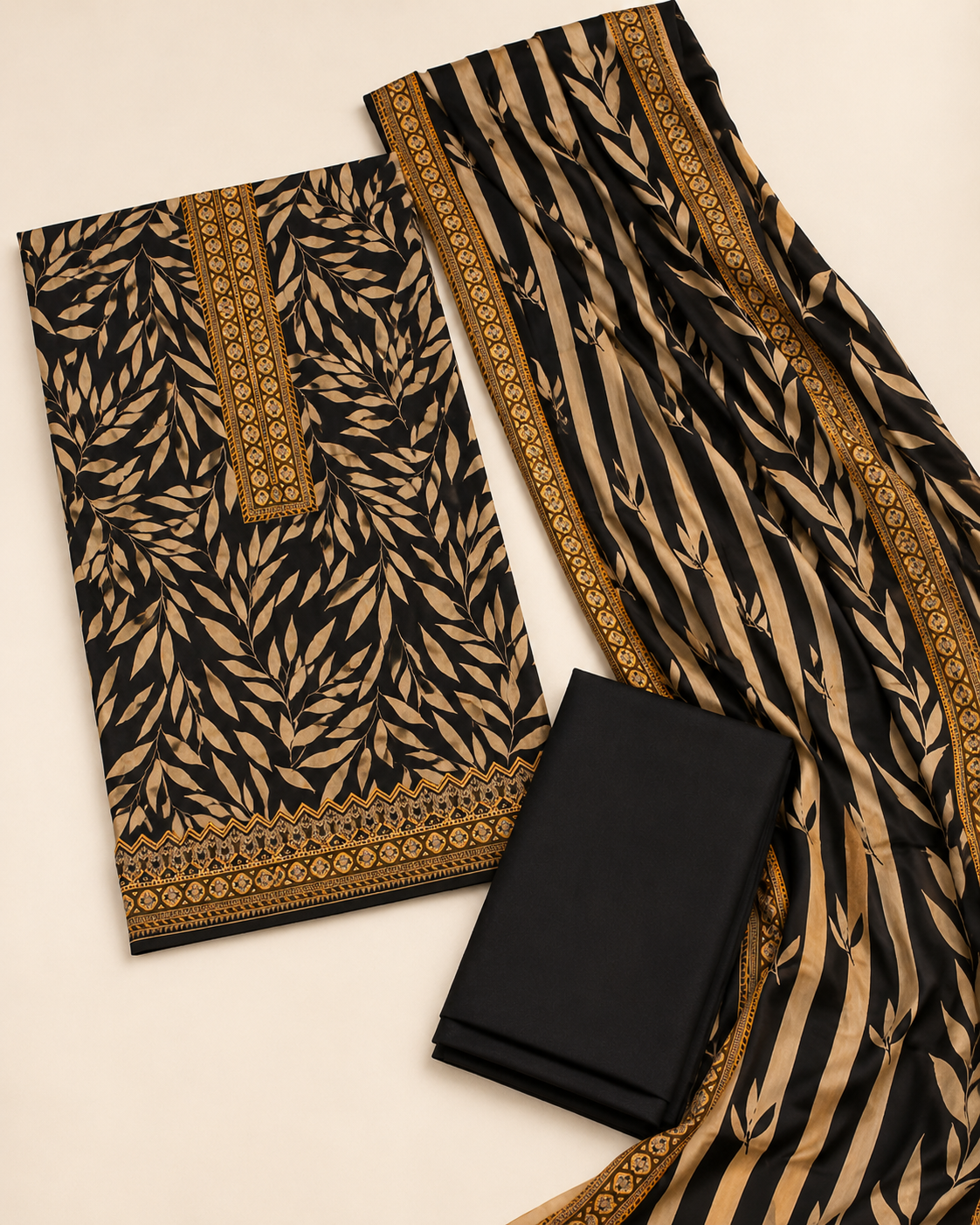 Black & Beige Botanical Printed Unstitched 3 Piece Suit