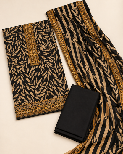 Black & Beige Botanical Printed Unstitched 3 Piece Suit