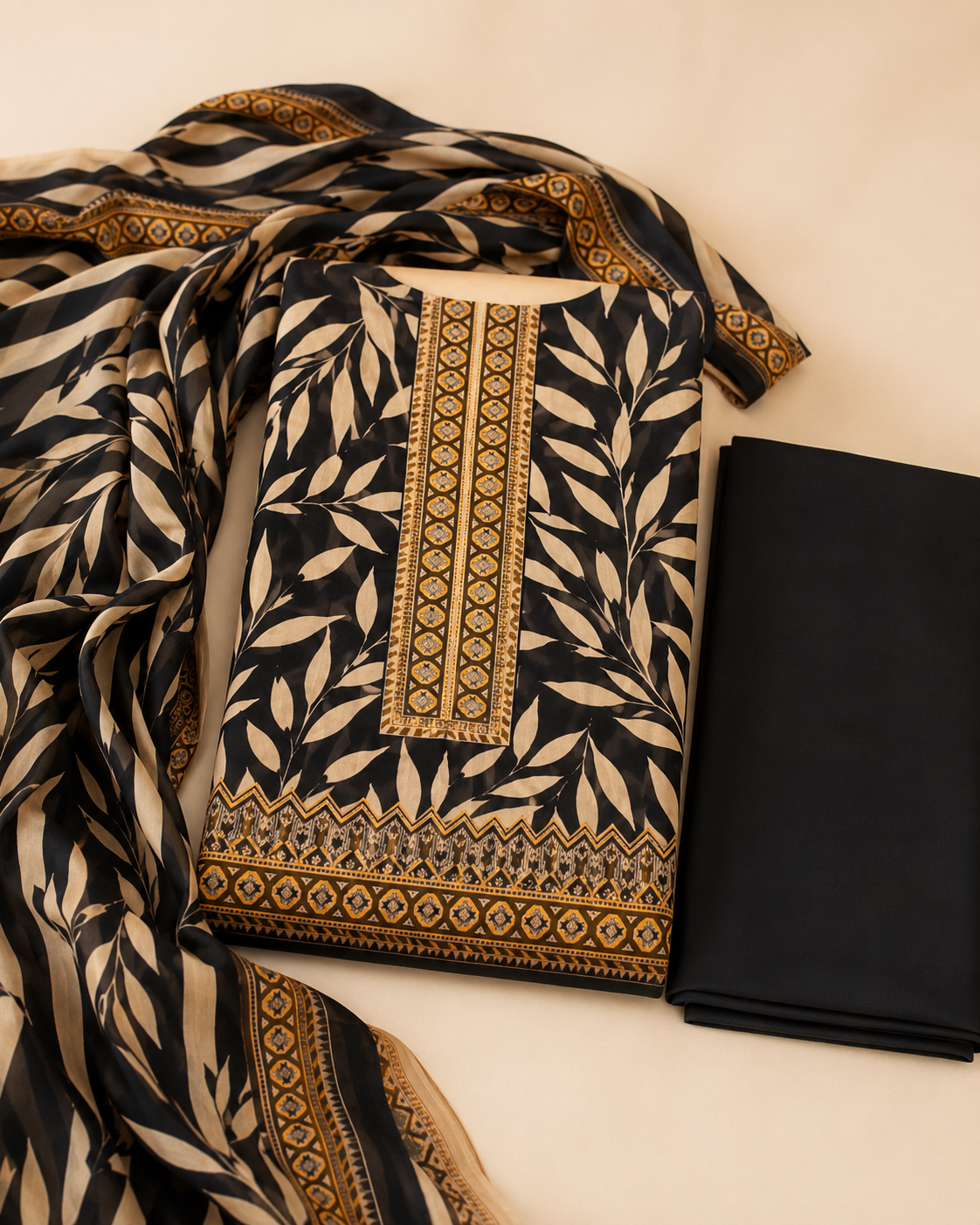 Black & Beige Botanical Printed Unstitched 3 Piece Suit