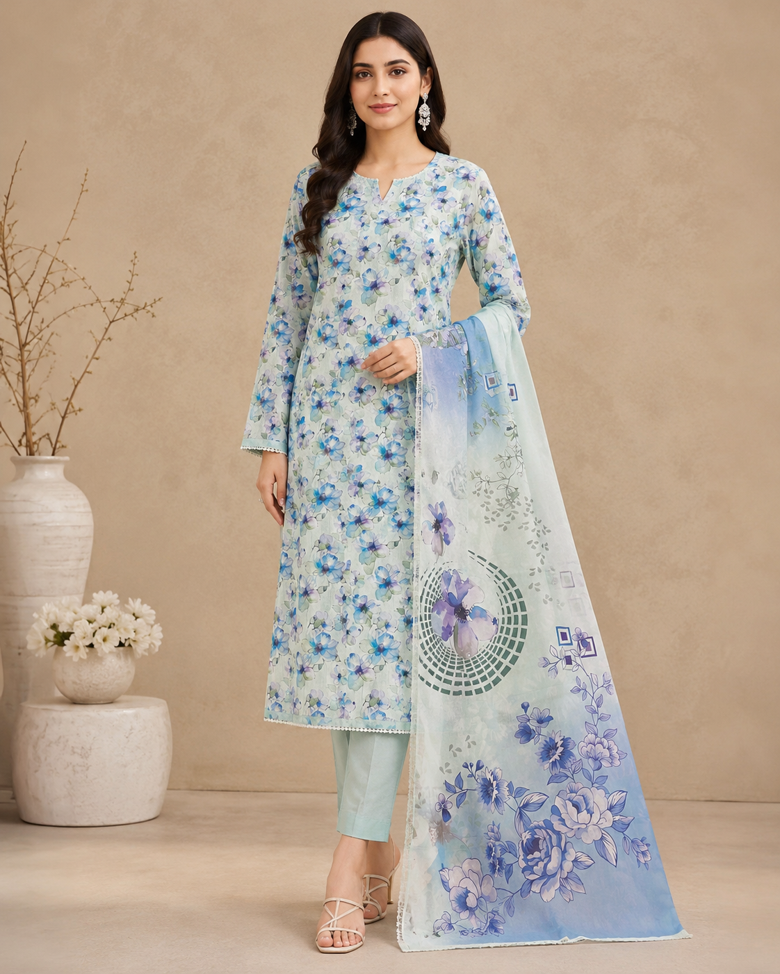 Pastel Blue Floral 3-Piece Unstitched Suit with Printed Dupatta