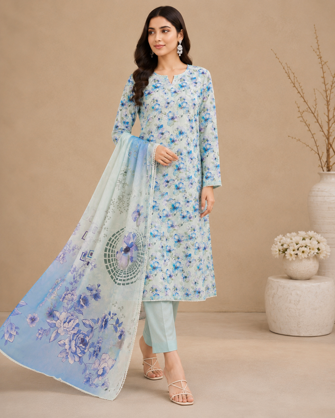 Pastel Blue Floral 3-Piece Unstitched Suit with Printed Dupatta