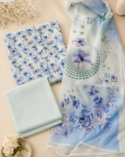 Pastel Blue Floral 3-Piece Unstitched Suit with Printed Dupatta