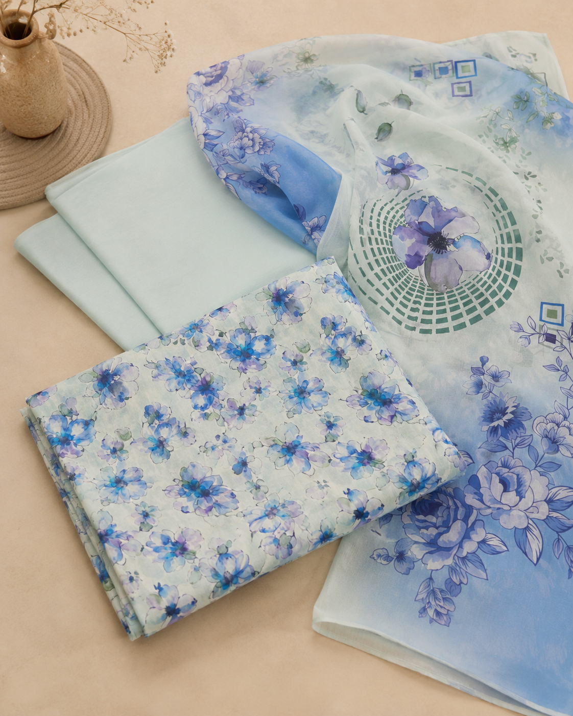 Pastel Blue Floral 3-Piece Unstitched Suit with Printed Dupatta