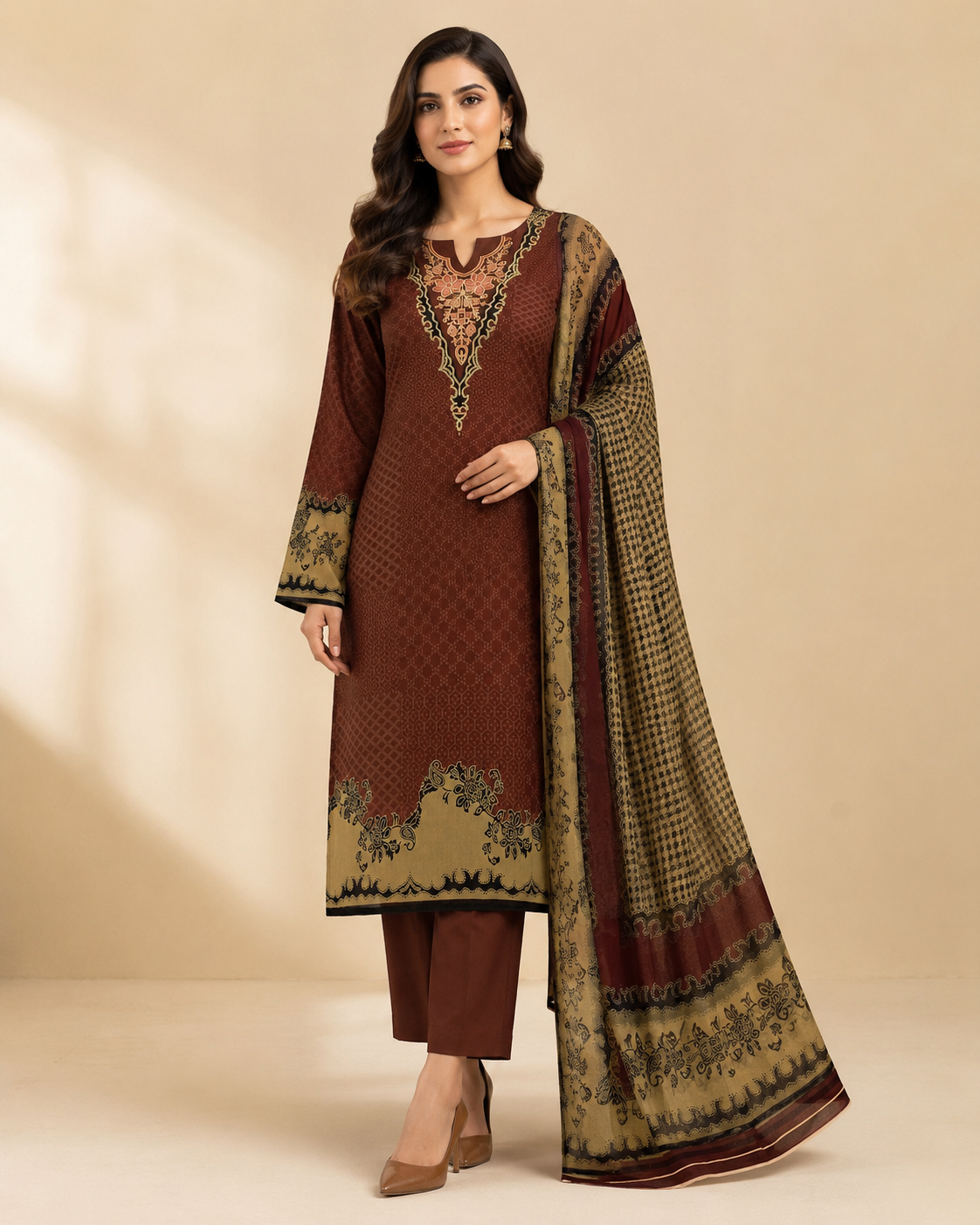 Mehroon Beige Floral Printed 3-Piece Unstitched Ladies Suit