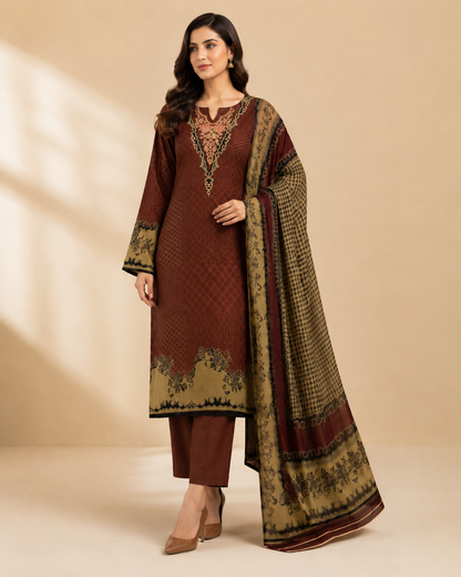 Mehroon Beige Floral Printed 3-Piece Unstitched Ladies Suit