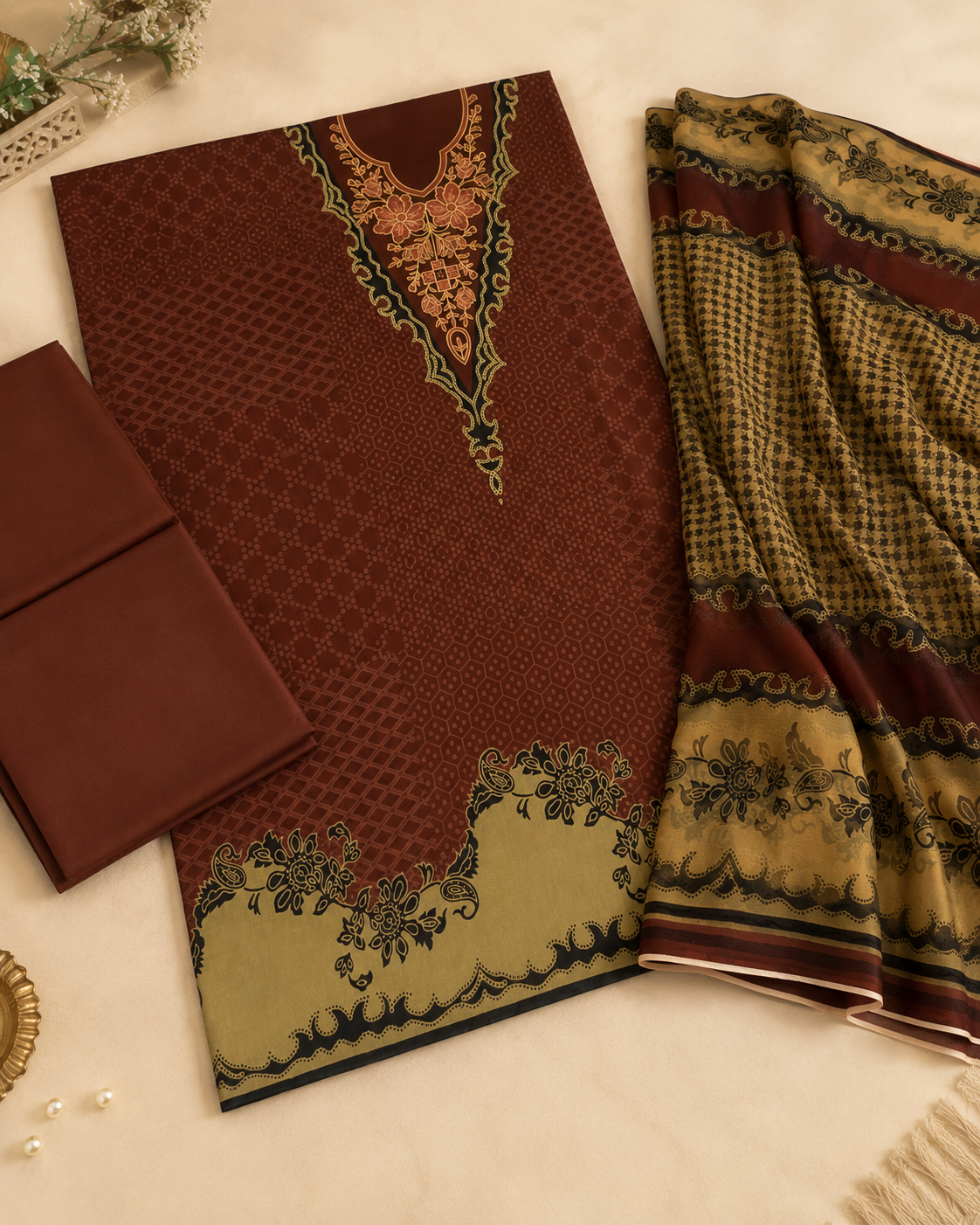 Mehroon Beige Floral Printed 3-Piece Unstitched Ladies Suit