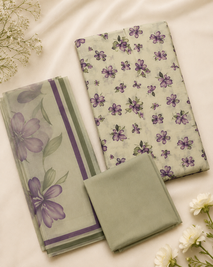 Sage Bloom 3-Piece Unstitched Printed Ladies Suit – Purple Floral