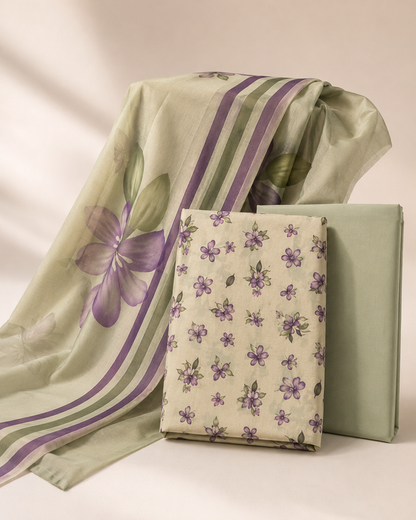 Sage Bloom 3-Piece Unstitched Printed Ladies Suit – Purple Floral