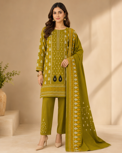 Olive Mehndi Green 3 Piece Unstitched Printed Ladies Suit