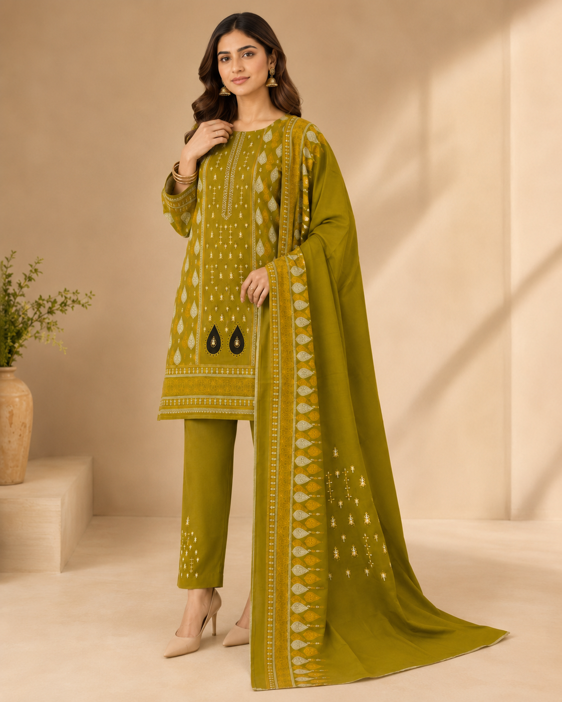 Olive Mehndi Green 3 Piece Unstitched Printed Ladies Suit