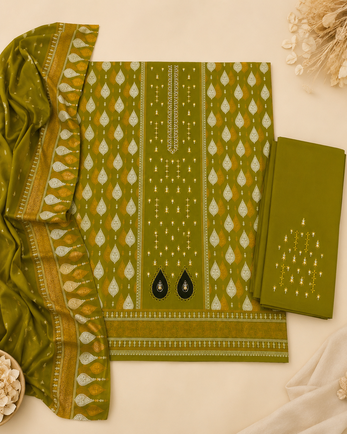 Olive Mehndi Green 3 Piece Unstitched Printed Ladies Suit