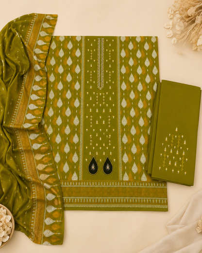 Olive Mehndi Green 3 Piece Unstitched Printed Ladies Suit